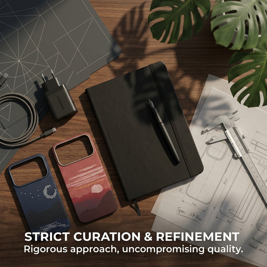 CHICDEX tech ecosystem on a creative desk featuring a wall charger, multi-model phone cases, engineering specifications, and a caliper representing our strict curation and testing process