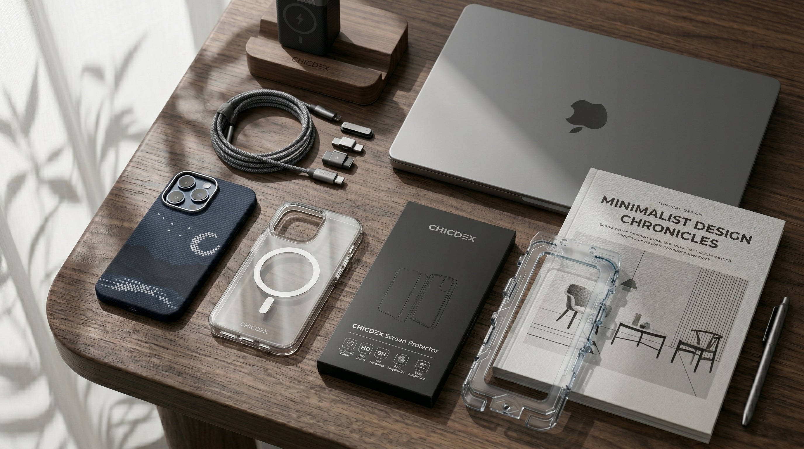 Overhead view of a laptop, a grey braided cable, two CHICDEX smartphone cases, a branded screen protector box, and a booklet arranged on a wooden desk
