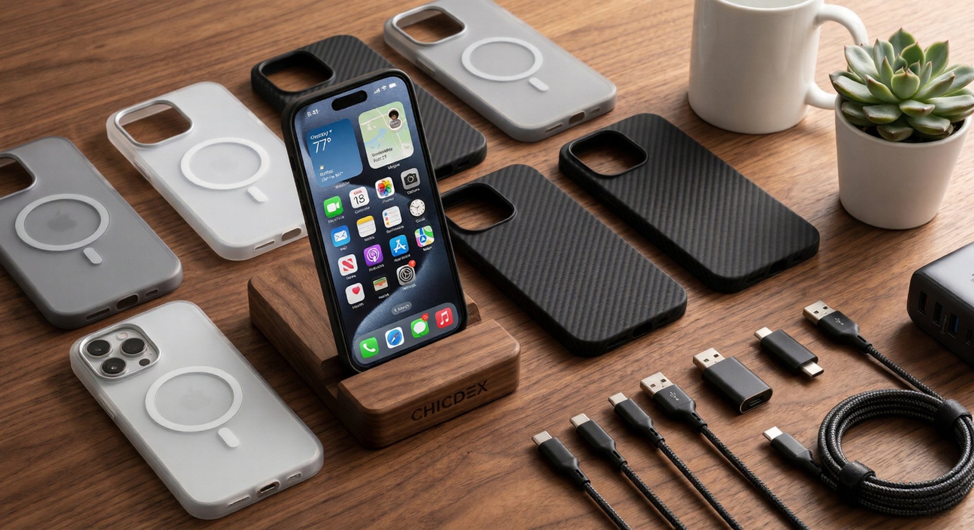 ChicDex premium desktop aesthetics featuring high-end iPhone cases, a minimalist wooden stand, and charging accessories on a dark wood desk.