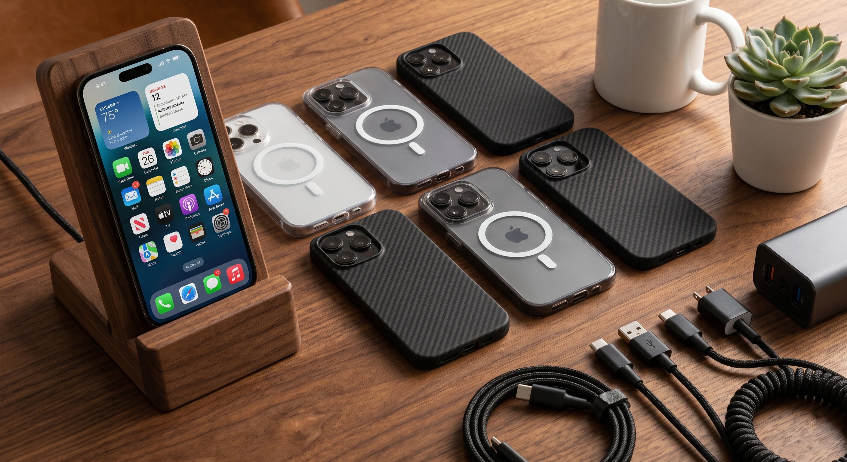 ChicDex premium desktop aesthetics featuring high-end iPhone cases, a minimalist wooden stand, and charging accessories on a dark wood desk.