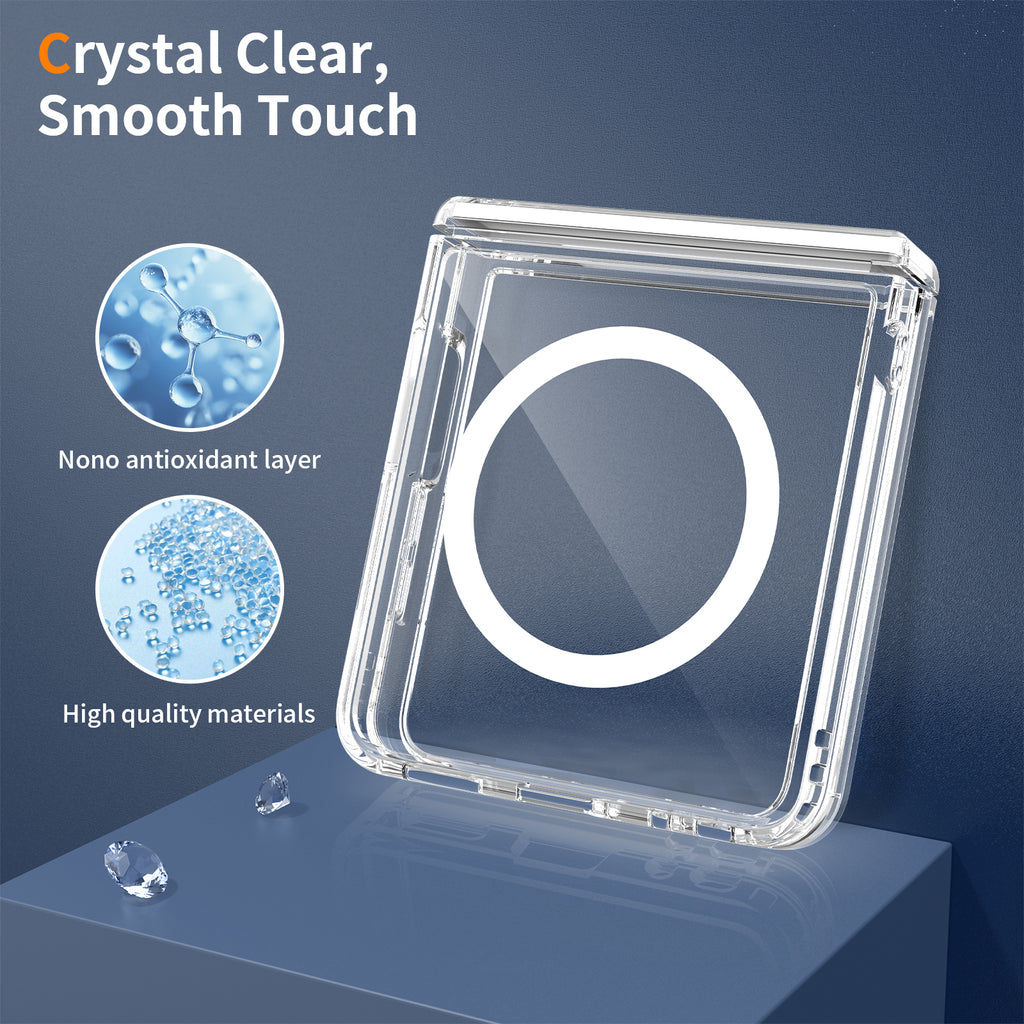 Clear||ChicDex Crystal MagSafe Case — nano antioxidant layer and premium material detail for Samsung Galaxy Z Flip 8