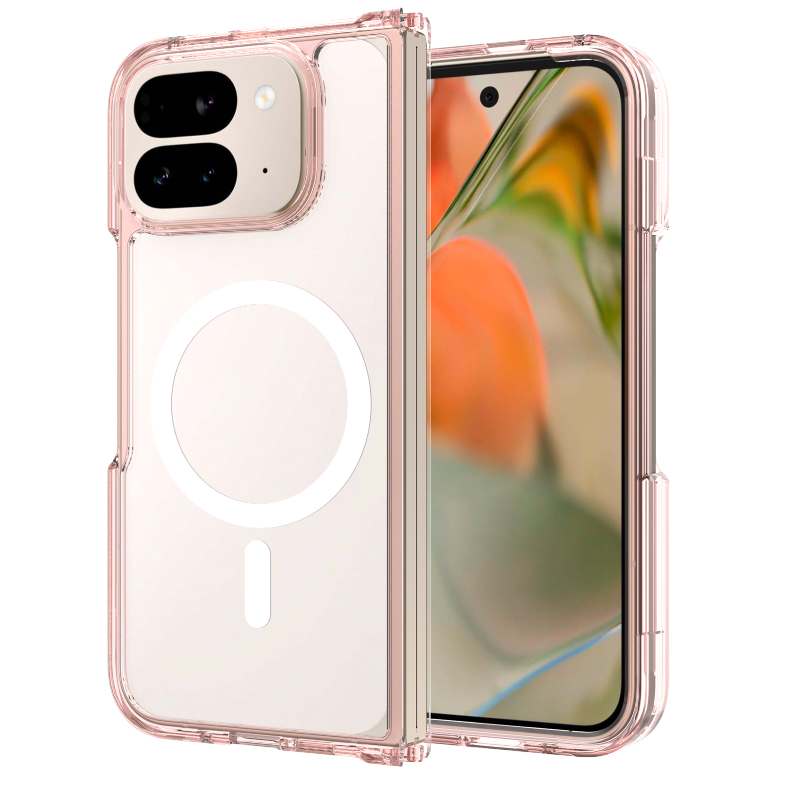 Pink||ChicDex Crystal MagSafe Case in Pink — pink frame with transparent back for Google Pixel 10 Pro Fold