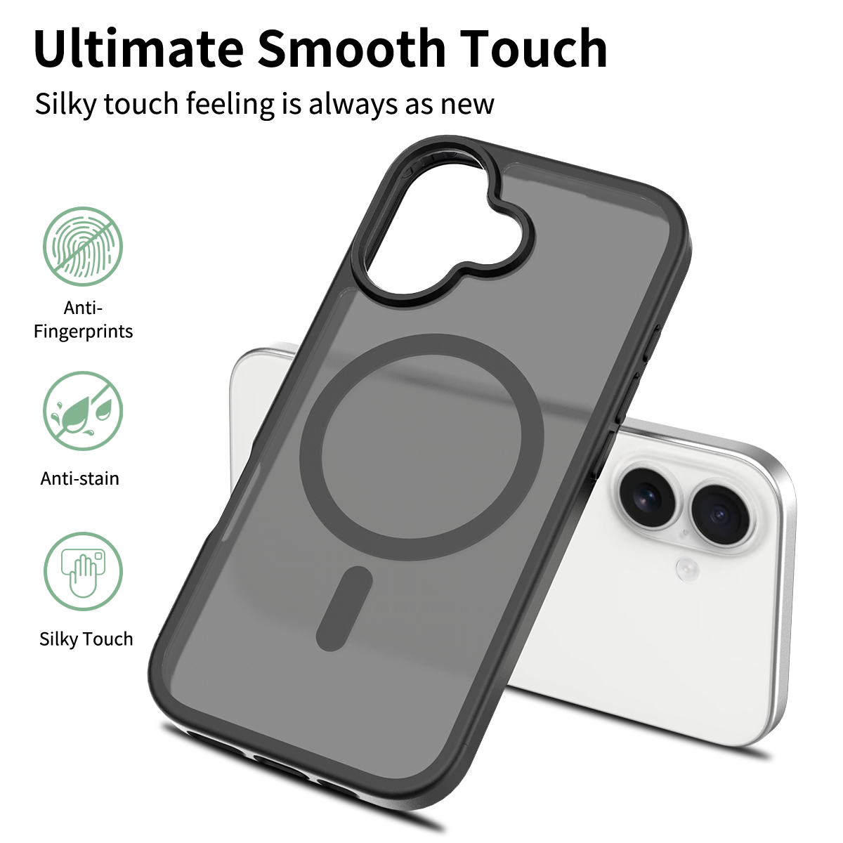 Black||ChicDex Frost MagSafe Case in Midnight Black — skin-feel coating close-up — velvety soft-touch surface that repels fingerprints for iPhone 17