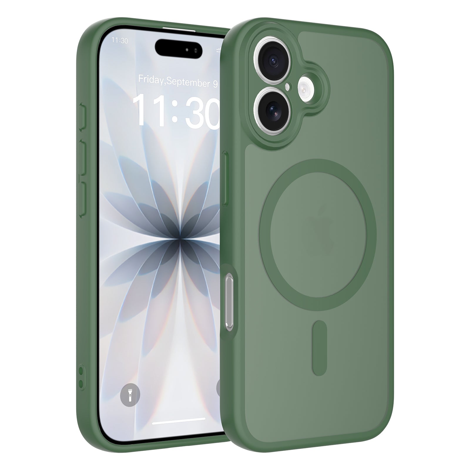 Blackish Green||ChicDex Frost Shield MagSafe Case for iPhone 17 — blackish green finish showcasing precision lens cutouts and lanyard-ready design