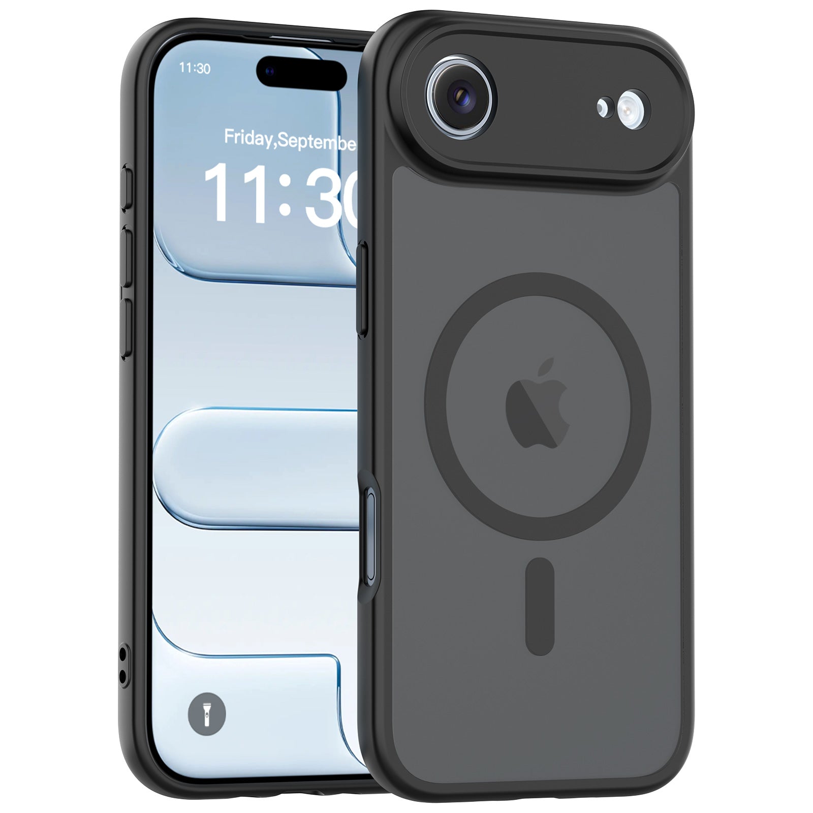 Black||ChicDex Frost Shield MagSafe Case in Midnight Black — three-quarter angle view with precision lens cutouts for iPhone 17 Air