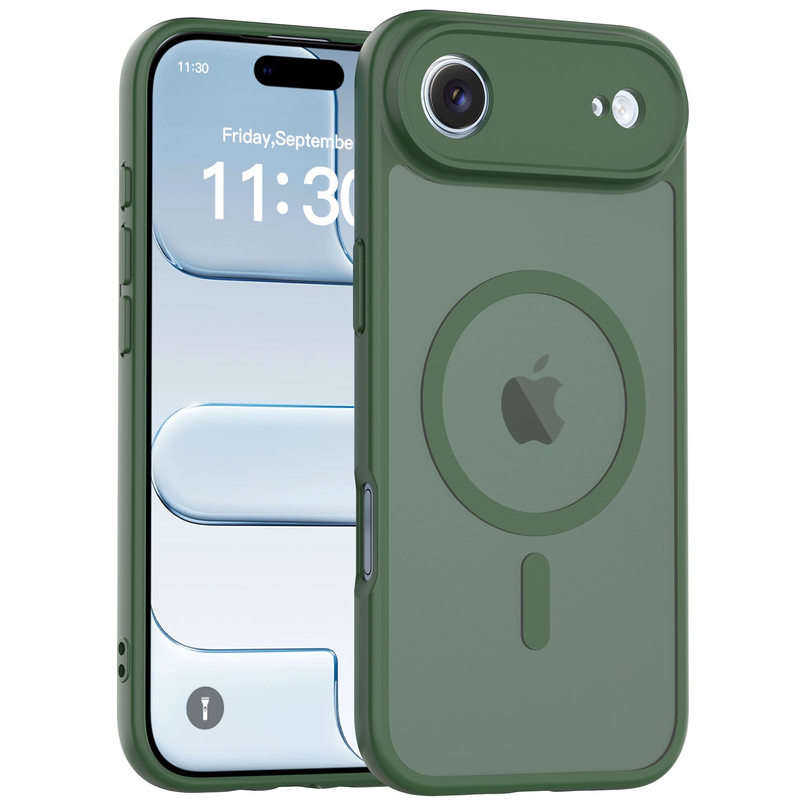 Blackish Green||ChicDex Frost Shield MagSafe Case in Blackish Green — three-quarter angle view with precision lens cutouts for iPhone 17 Air