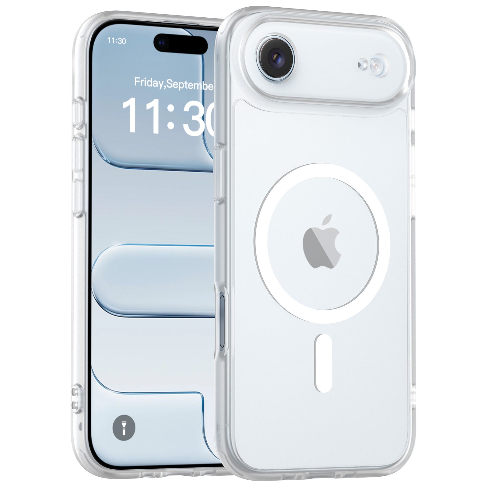 Clear||ChicDex Frost Shield MagSafe Case in Matte Frosted Clear — three-quarter angle view with precision lens cutouts for iPhone 17 Air