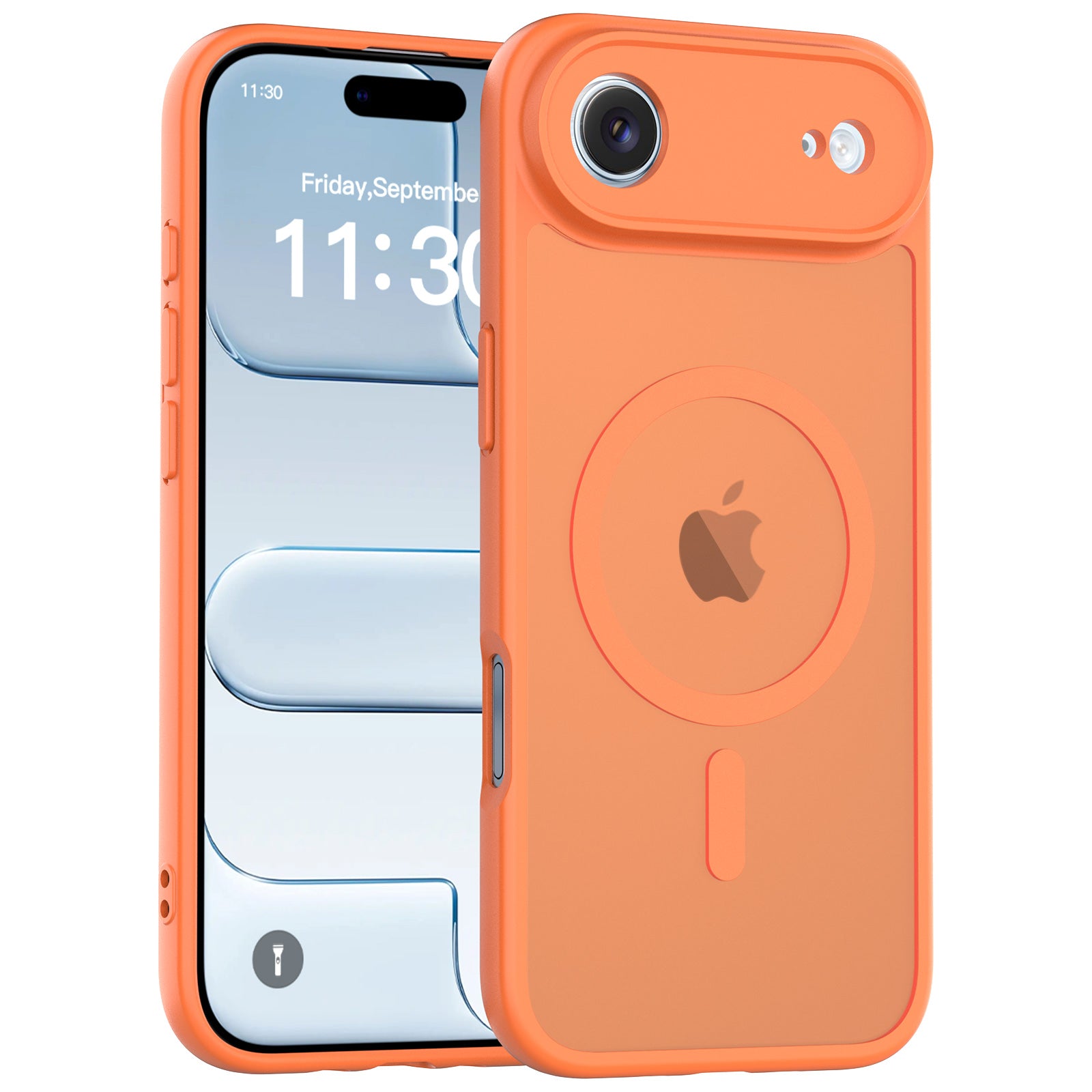 Orange||ChicDex Frost Shield MagSafe Case in Vibrant Orange — three-quarter angle view with precision lens cutouts for iPhone 17 Air