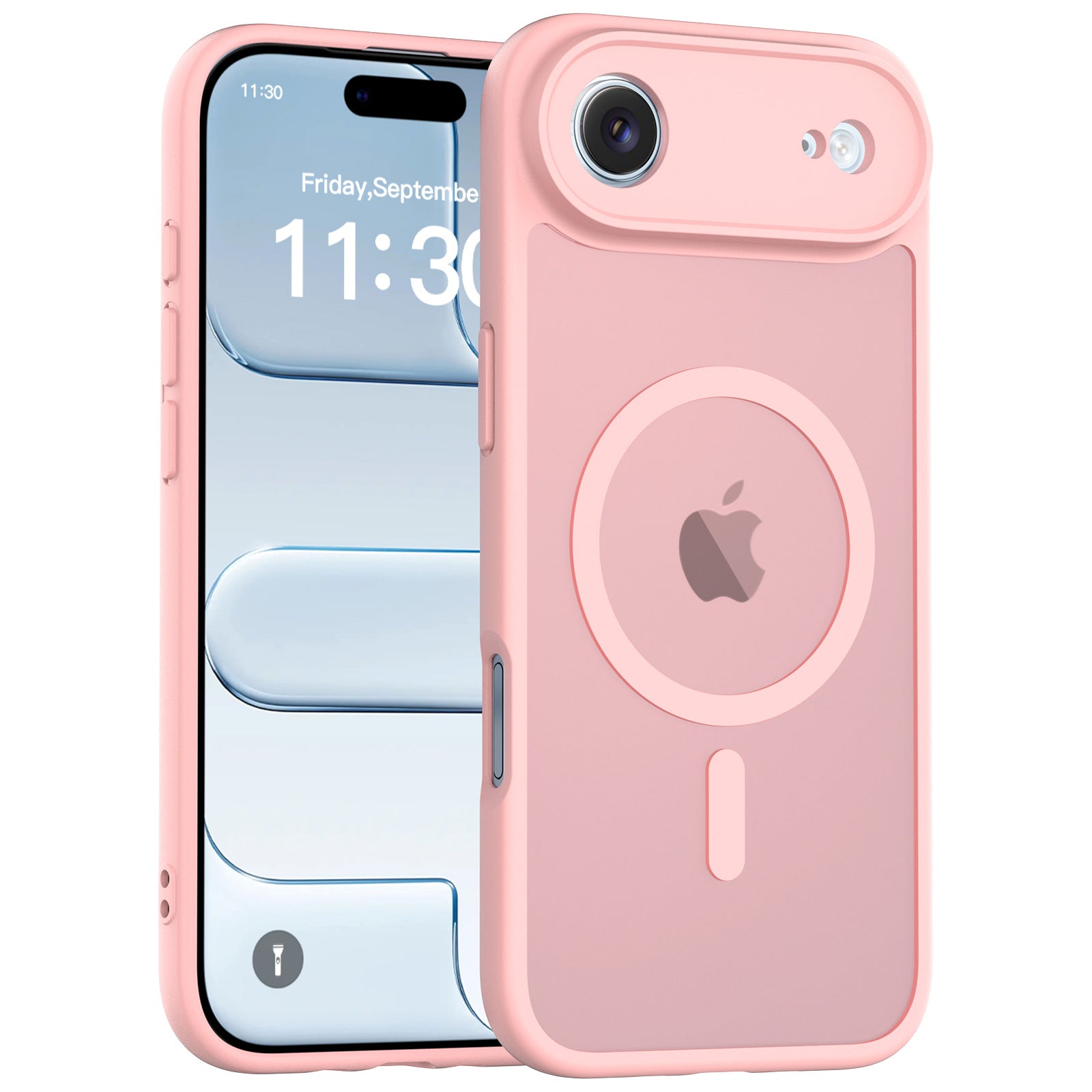 Pink||ChicDex Frost Shield MagSafe Case in Soft Pink — three-quarter angle view with precision lens cutouts for iPhone 17 Air
